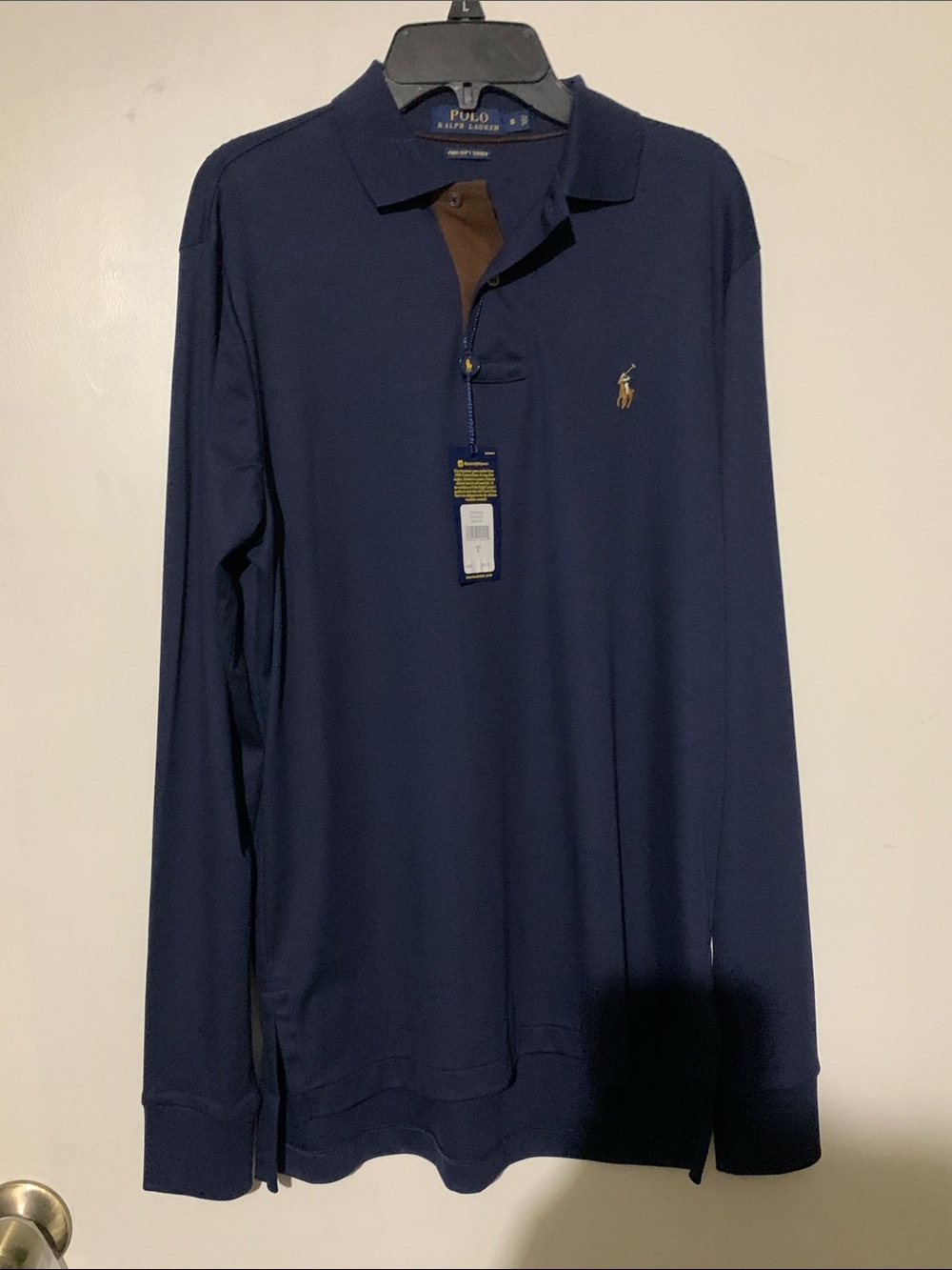 Polo by Ralph Lauren Navy Long-Sleeve Polo with Brown Placket Detail